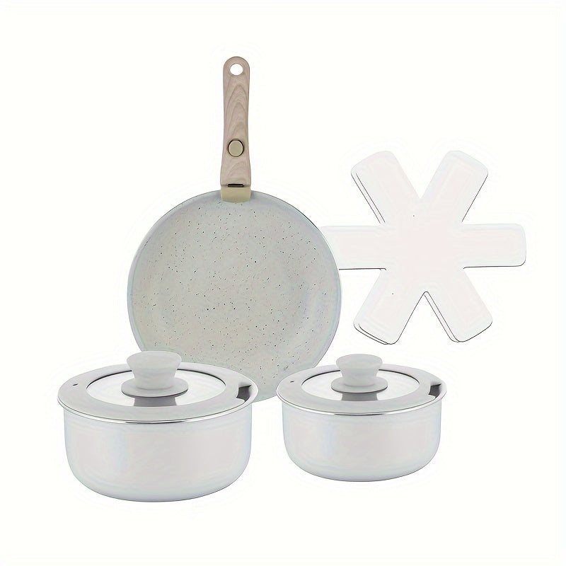 Cookware Set made from Aluminum, with Nonstick coating and Removable Handle. Set includes: 1.5Qt Saucepan with Lid, Large 18cm Milk Pot with Silicone Lid, and 24cm Skillet. Perfect for Outdoor Camping Kitchen. Comes with Non-Woven Pad and Silicone