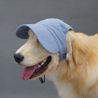 Adjustable dog baseball cap with ear holes made of breathable polyester, machine washable. Ideal for golden retrievers, labradors, and large breeds. Perfect for spring/summer/fall.