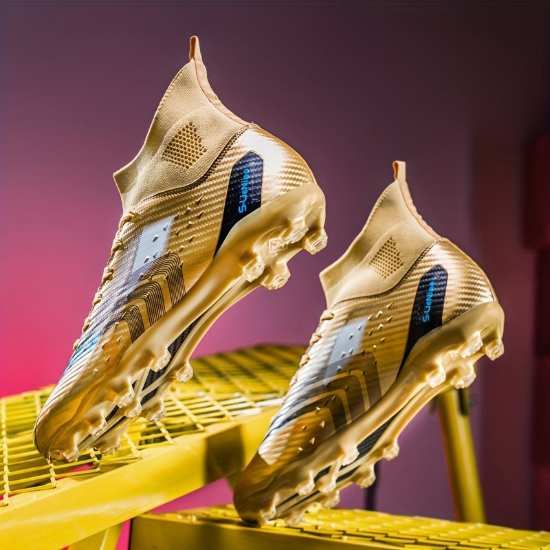 Kids' high-top soccer cleats featuring long studs, anti-slip design, breathable PU upper, TPU sole, and lace-up closure for all sports seasons.