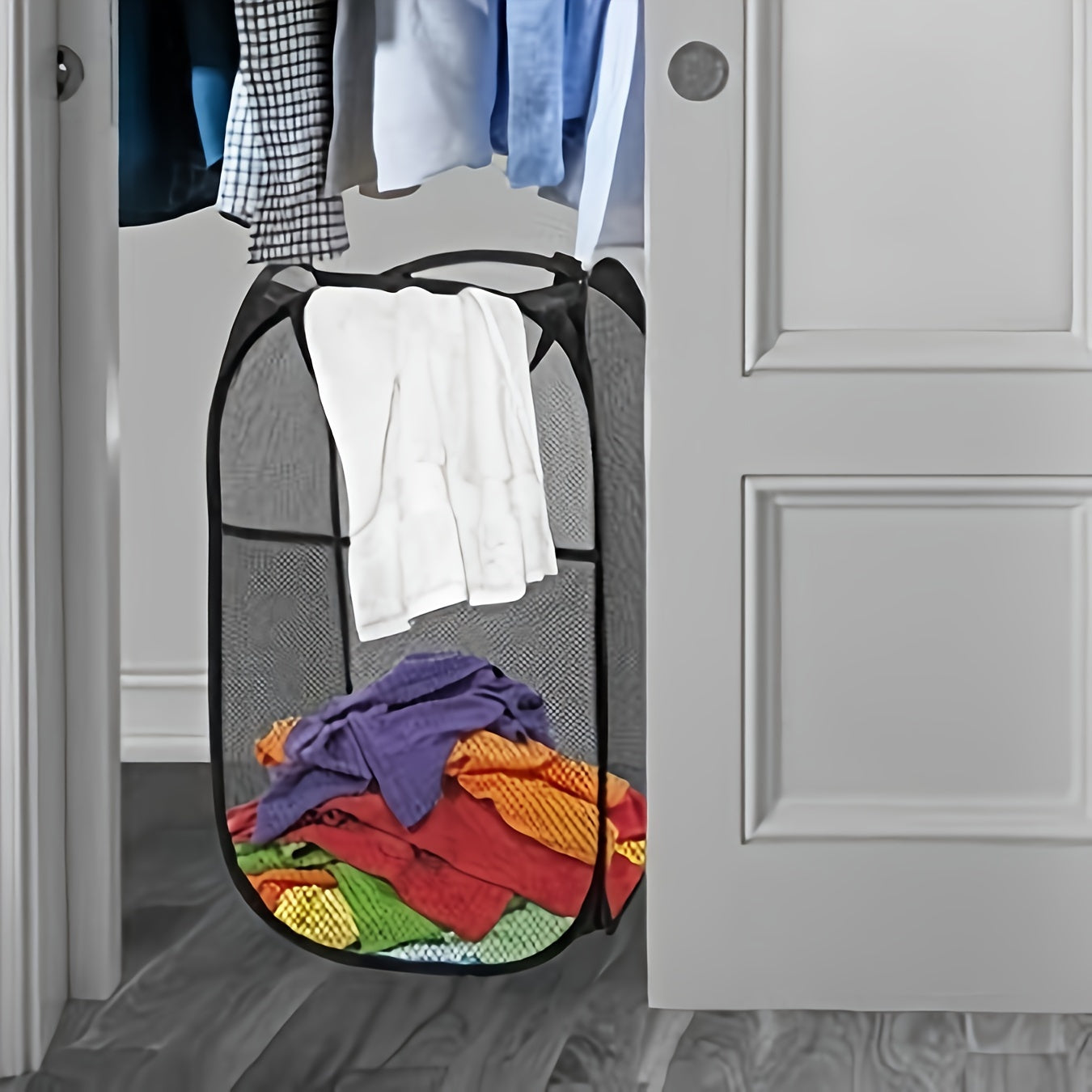 Home laundry basket with large folding design and mesh storage for dirty clothes.