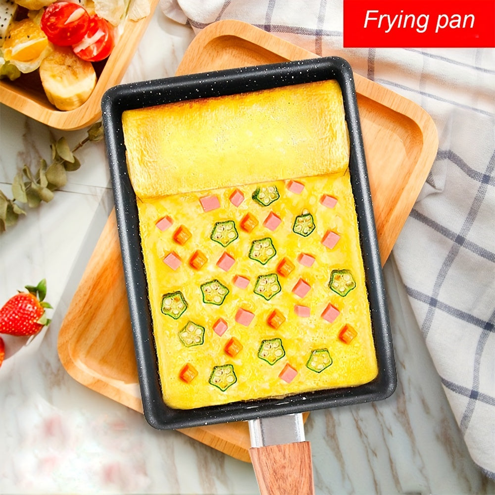 Tamagoyaki Pan: Black square pan for making Japanese omelettes, measuring 14.99 x 18.49cm. Features a non-stick surface, wood handle, and rectangle shape for easy egg rolls and frying. Perfect addition to your kitchenware collection.