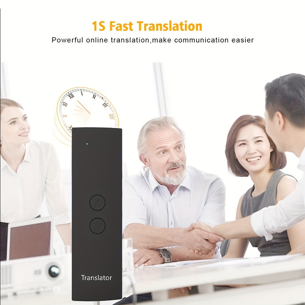 Black portable voice translator device with real-time 2-way translation in 69 languages. USB rechargeable and wireless, suitable for travel, learning, shopping, and business communication.