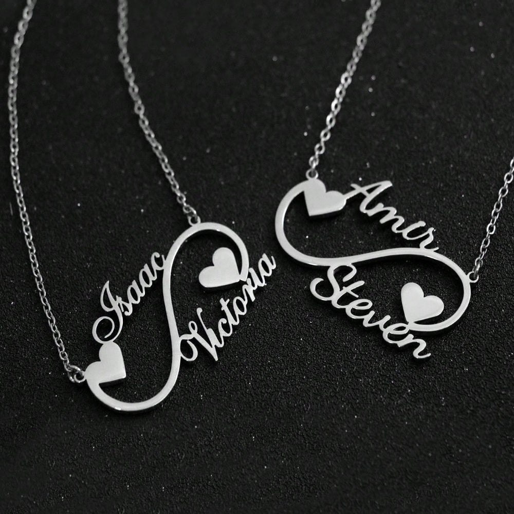 This one-of-a-kind necklace is personalized with two names and features an infinity design, making it perfect for women. Crafted from durable stainless steel, the necklace boasts a unique heart-shaped pendant. With its sleek silver chain, this necklace