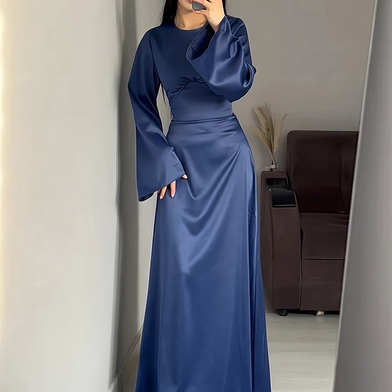 Elegant lace up crew neck maxi dress for women, ideal for spring and fall seasons.