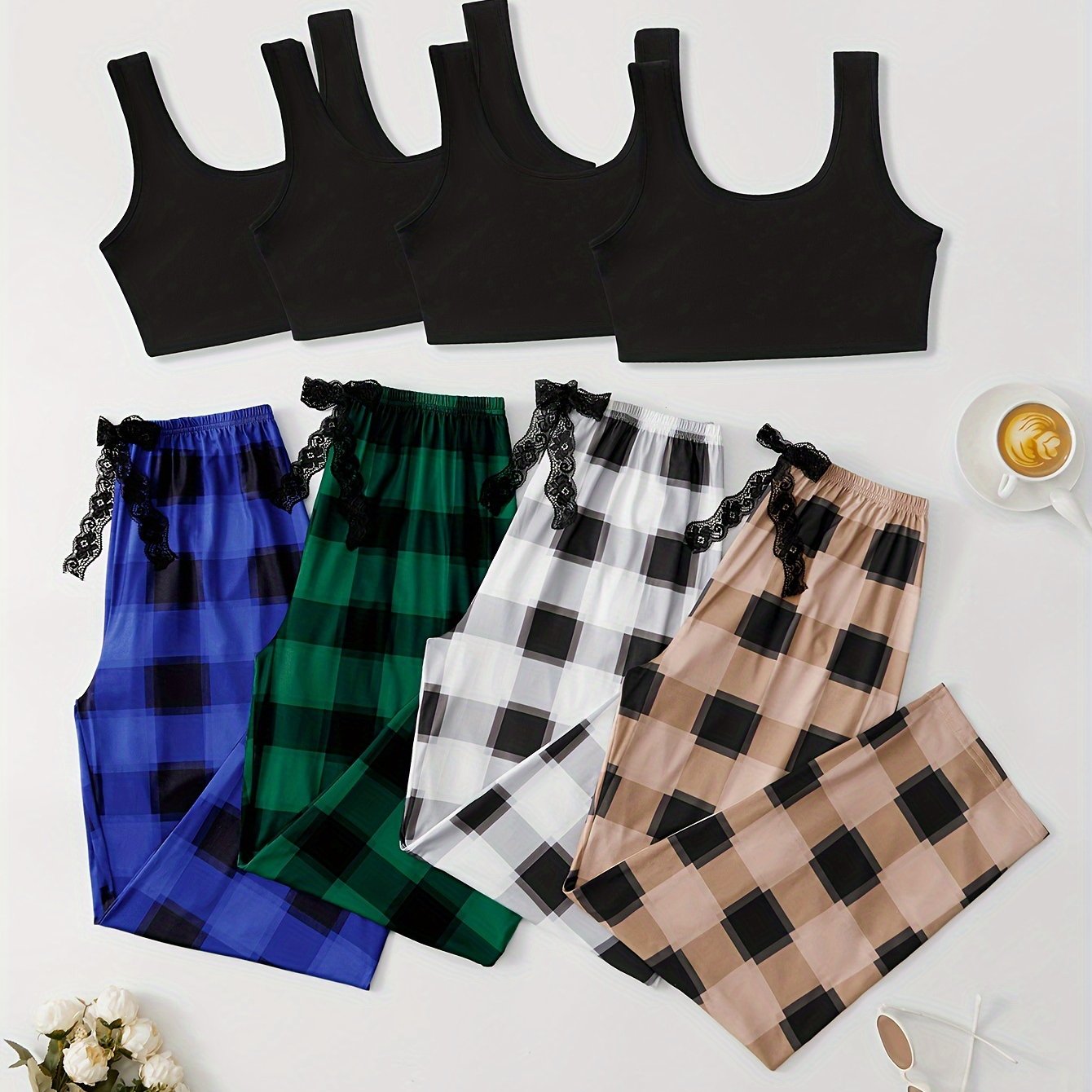 4-piece women's pajama set includes sleeveless crop tank, plaid long pants in black, green, blue, and beige. Made of soft polyester blend with elastic waistband and lace trim. Machine