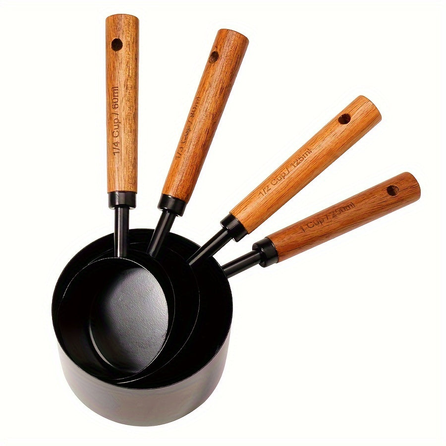 Set of 4 measuring cups and 4 measuring spoons with wooden handles, made of stainless steel. Includes graduated measurements for precise baking and cooking. A must-have tool for any kitchen, perfect for apartments and essential for cooking and baking