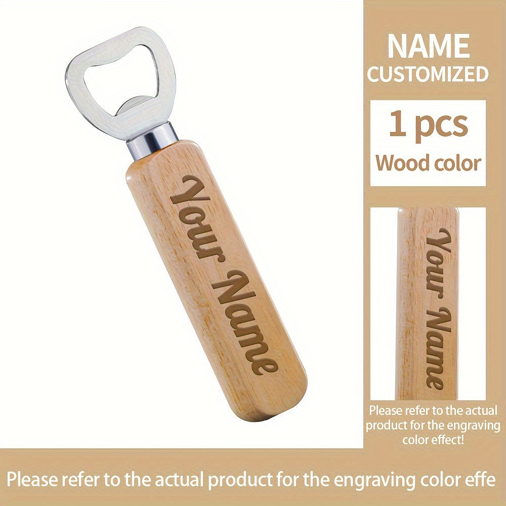 Custom engraved wooden beer bottle opener with stainless steel blade, perfect for any occasion.