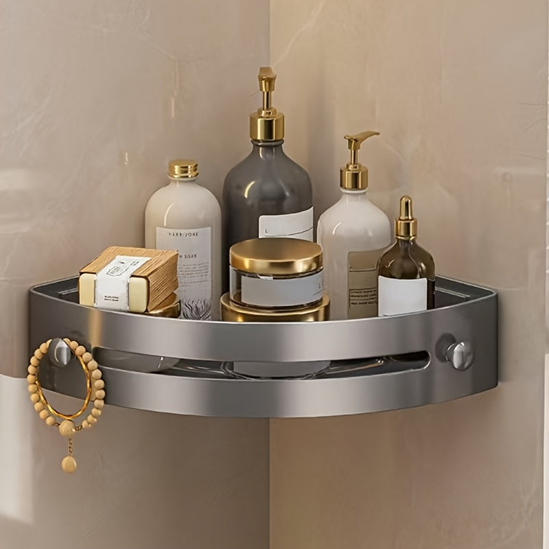 Wall-mounted bathroom shelf for shampoo and kitchen accessories.