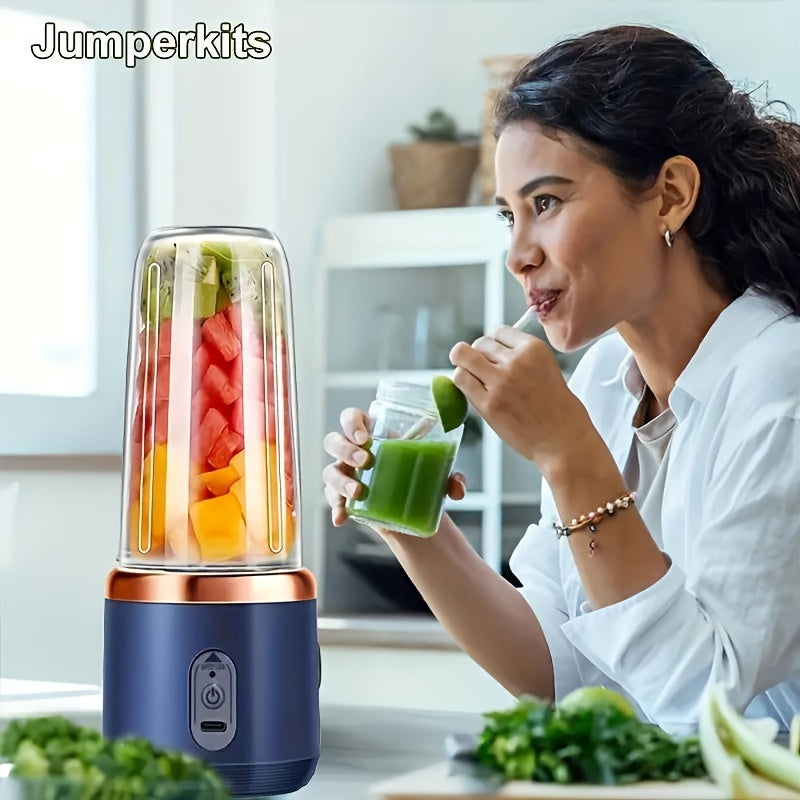 Small portable juicer with dual cups, rechargeable via USB. Versatile personal blender for fresh juice, smoothies, and milkshakes. Perfect for use at home, the office, or while traveling. Features a 1L capacity, lithium battery, and made of plastic