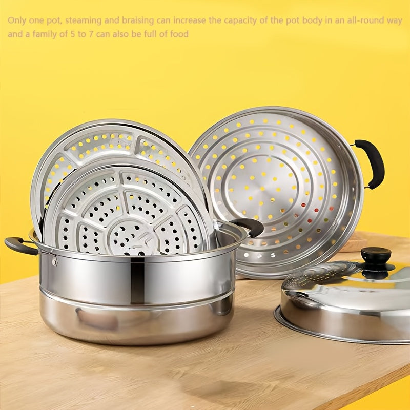 Stainless Steel Steamer Pot with Lid - Versatile Double-Layer Design, Suitable for Induction Cooktops - Perfect for Buns, Mantou, and Soup - Sturdy and Durable Construction, No Electricity Required