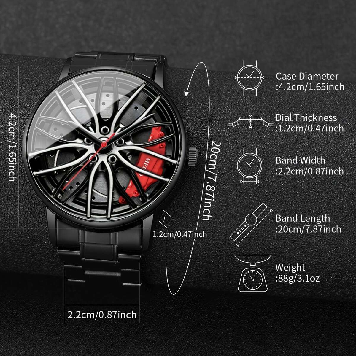 Men's trendy quartz watch with large dial and matching chain bracelet set. Made of zinc alloy with a non-rechargeable battery and wheel hub. Comes in a 2-piece set without a watch box.