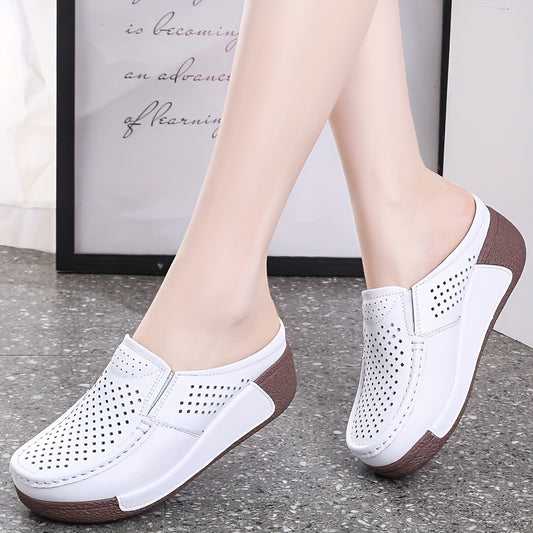 Women's slip-on mules with closed toe, non-slip sole, and hollow cutouts for casual outdoor wear.