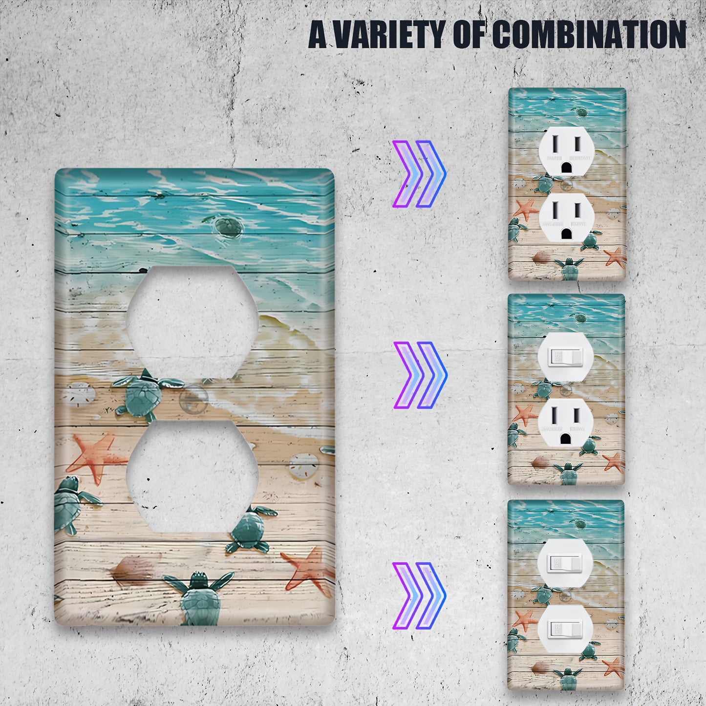 Ocean-inspired wooden panel light switch cover to easily decorate walls. Fits standard wall boxes with screw-in mount, no wires or batteries needed. 1 piece included.