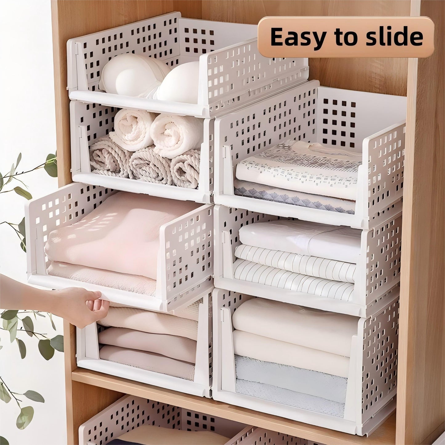 HOUCOC offers a convenient 3-Pack of Foldable Plastic Drawer Storage Bins. These freestanding wardrobe organizers are perfect for use in closets, bedrooms, and offices. The stackable clothes shelf baskets feature an easy slide design and require no