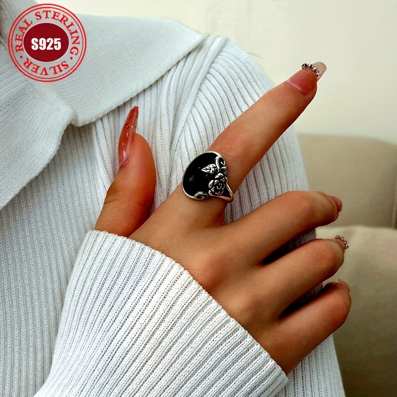 Vintage Luxury Style Rose Ring - Elegant Adjustable 925 Sterling Silver with Imitation Jade, Ideal Gift for Her