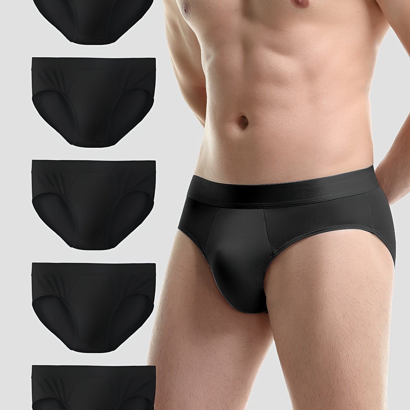 5 men's breathable sports briefs made of lightweight, stretchy polyester and spandex blend in solid color.