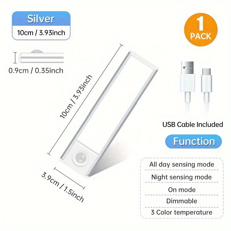 Wireless motion sensor underlight for cabinets, closets, stairs, and more; powered by rechargeable battery.