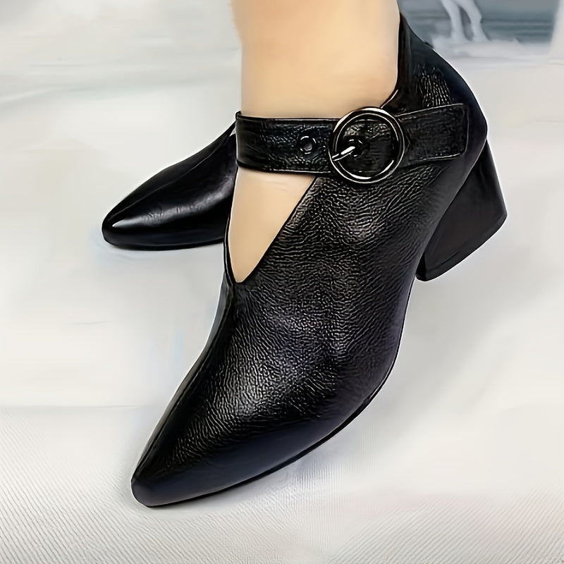 2023 Spring & Autumn New Arrival: British Fish-Mouth Buckle Fashionable Peep-Toe Block Heel Shoes for Women - Comfortable High Heels, Water-Resistant, D'Orsay Style, Mid Heel, Made of