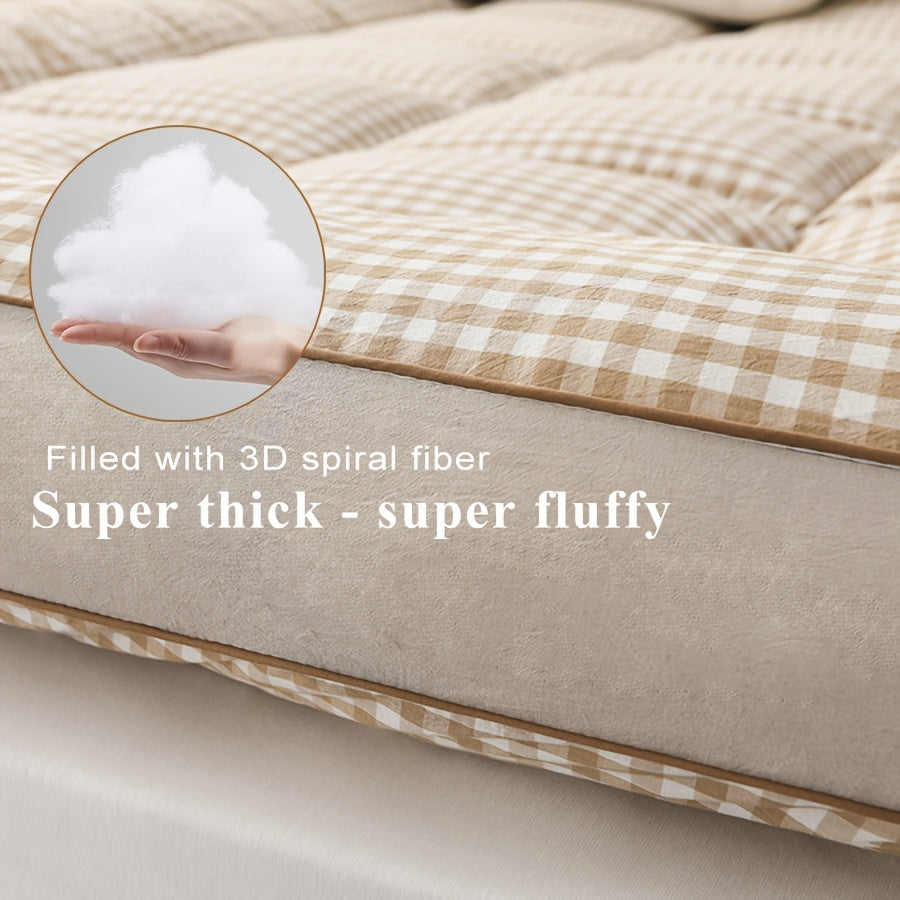 1pc Ultra-Soft Quilted Mattress Topper with Gingham Pattern, Polyester Fill, Elastic Fit for Bed Skirts 15.24-55.88cm, Machine Washable - Ideal for Bedroom, Guest Room, Dorm, Full Size