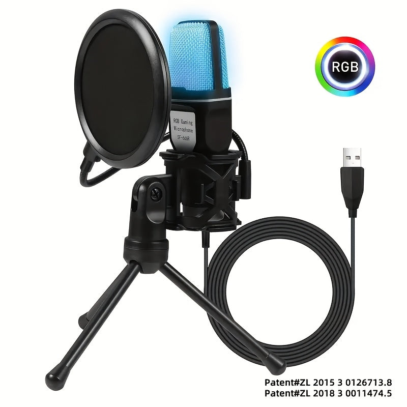 USB condenser microphone with fast mute function, tripod, RGB indicator light, shock absorber, and rotary gain button for gaming, podcast videos, streaming, and compatible with PS4/PS5/PC.