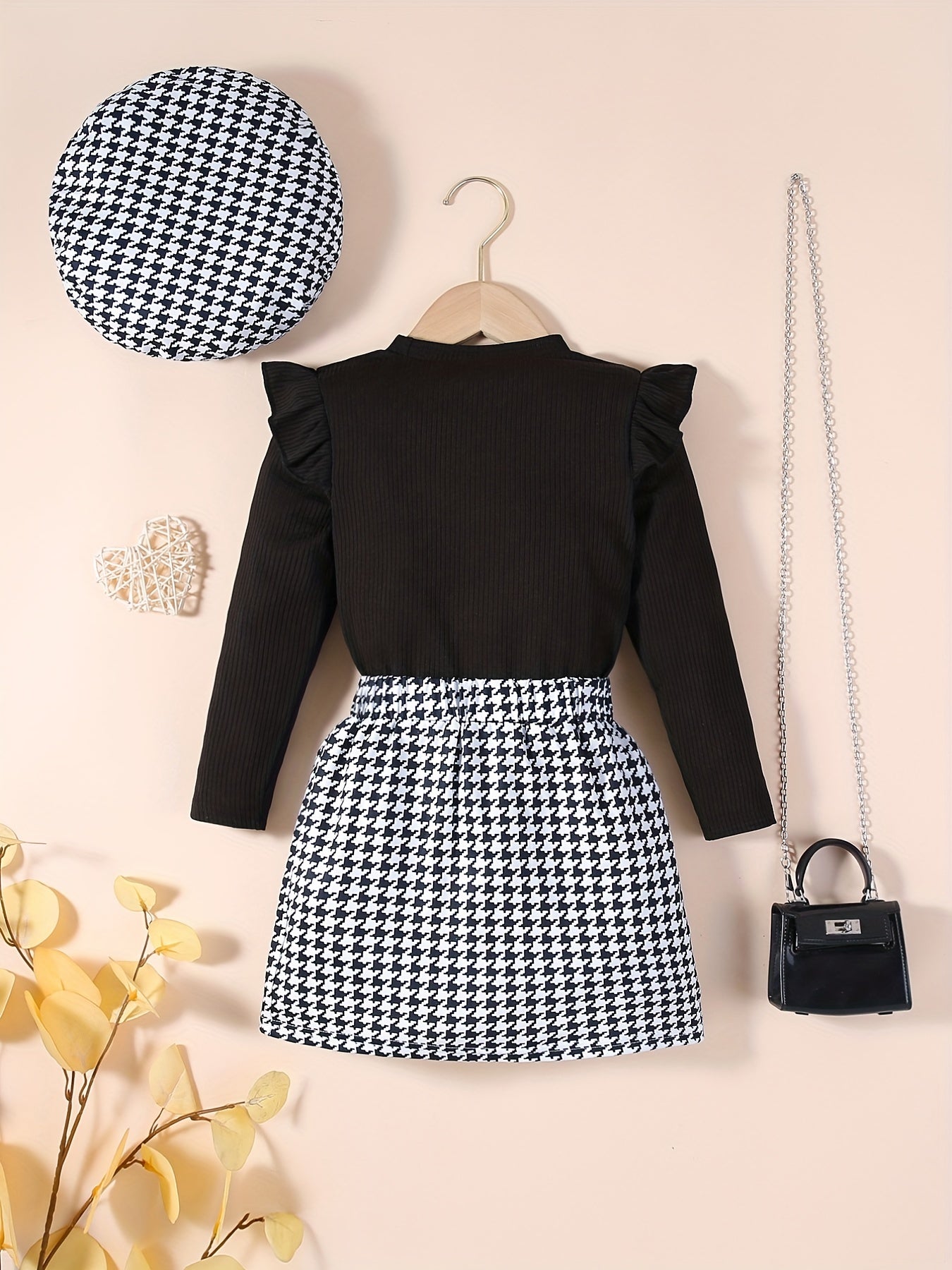 Girls' Ruffle Trim Tee & Houndstooth Skirt Set with Hat