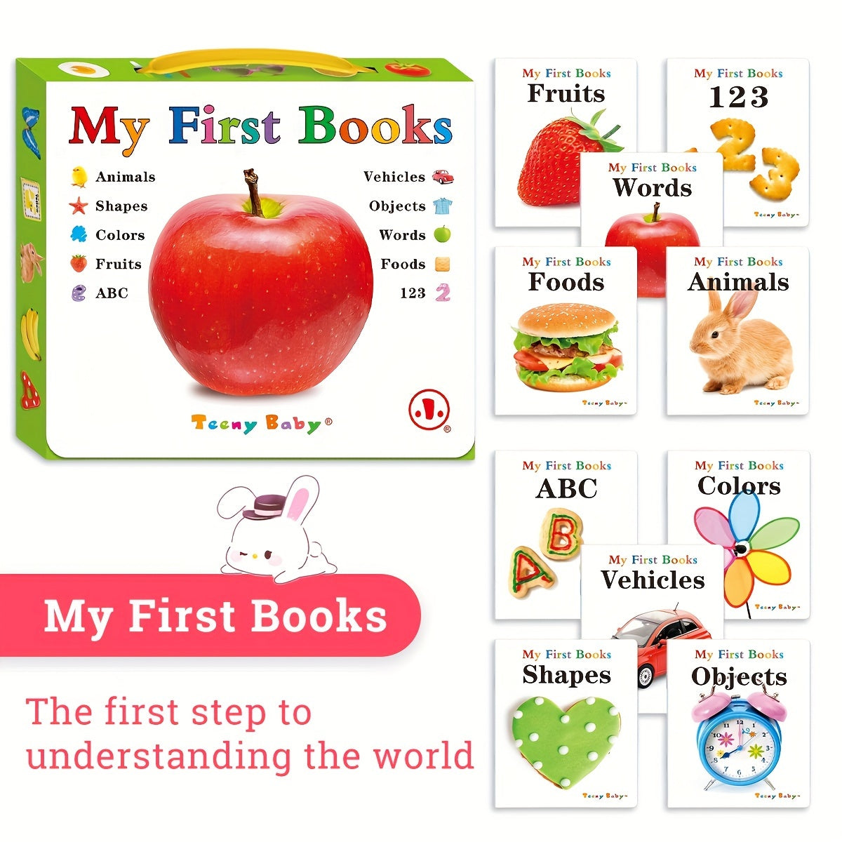 TEENYBABY My First Books Set of 10 - Educational board books for kids on shapes, colors, animals, vehicles, ABC, published in 2022 by Sunshine Children's Educational Association.