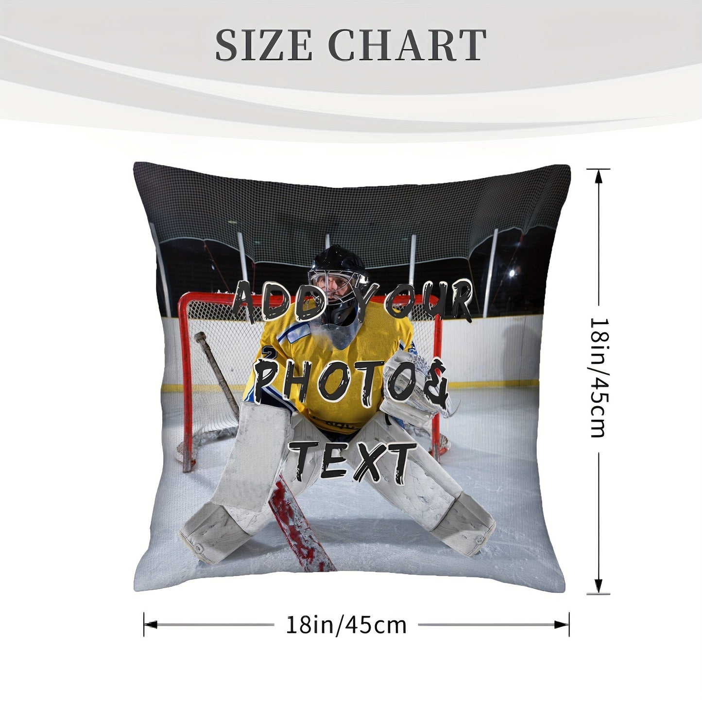 One personalized ice hockey goalie photo pillow cover available for purchase. Made of polyester and short plush material with a single-sided print. Does not come with an insert. Designed to fit a 45.72x45.72 cm pillow. Perfect gift for hockey fans