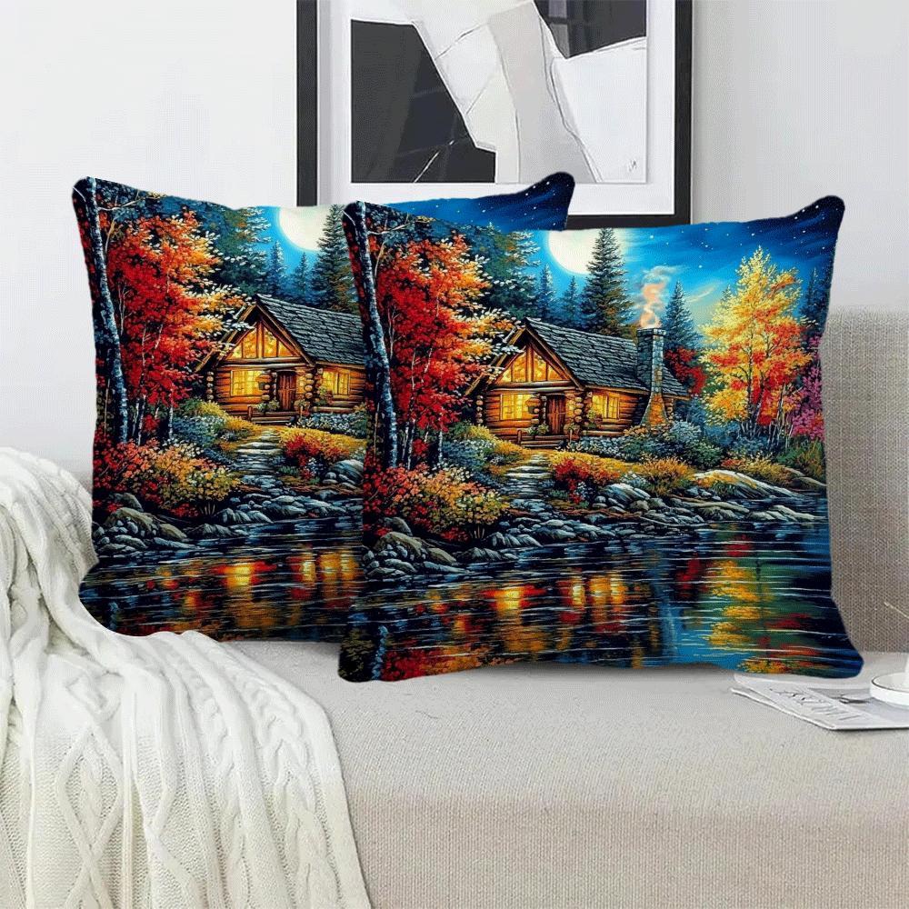 Set of 2 Contemporary Flannel Pillow Cases, 45.72x45.72 cm, Featuring Lakeside Lodge Scenery, Easy to Clean in Washing Machine, Zippered Closure, Ideal for Year-Round Comfort for Those Who Sleep on Their Back, Adds Style to Indoor and Outdoor Sofas