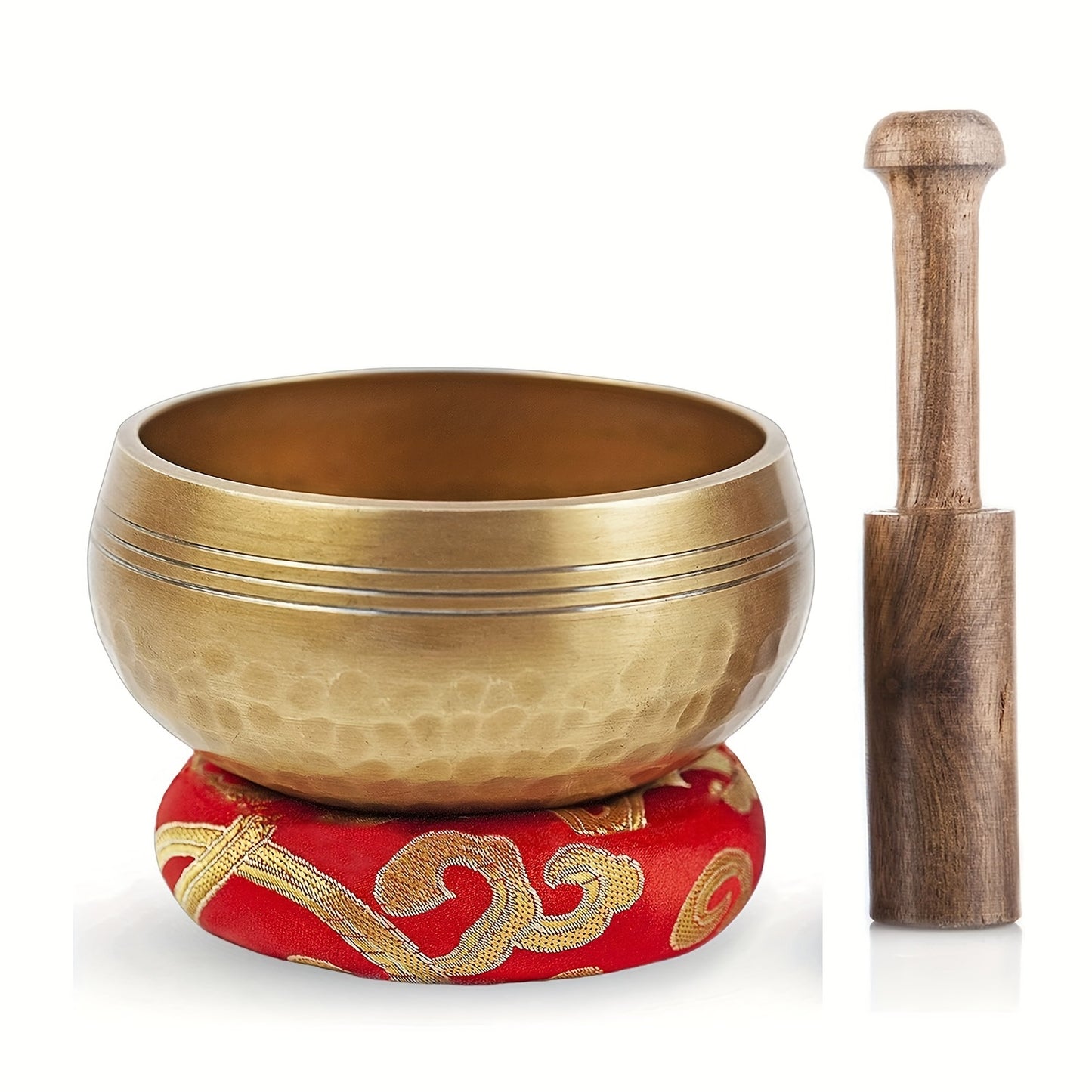 Golden copper Tibetan singing bowl set for relaxation and mindfulness meditation, includes wooden striker. Ideal for yoga, reiki, and travel, portable for office, retreats, and meditation.