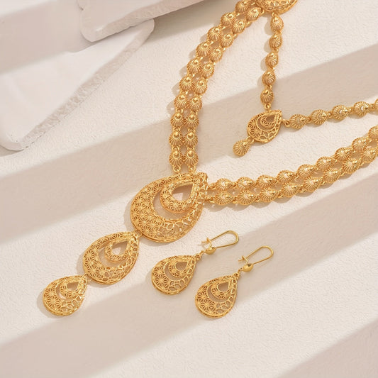 Vintage Hollow Waterdrop Necklace & Earrings Set in Golden Alloy - Elegant 3 Piece Jewelry Set, Ideal for Weddings and Banquets