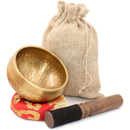 Tibetan Copper Singing Bowl Set with Hammered Design, Mallet & Bag - for Yoga, Meditation, Chakra Balancing