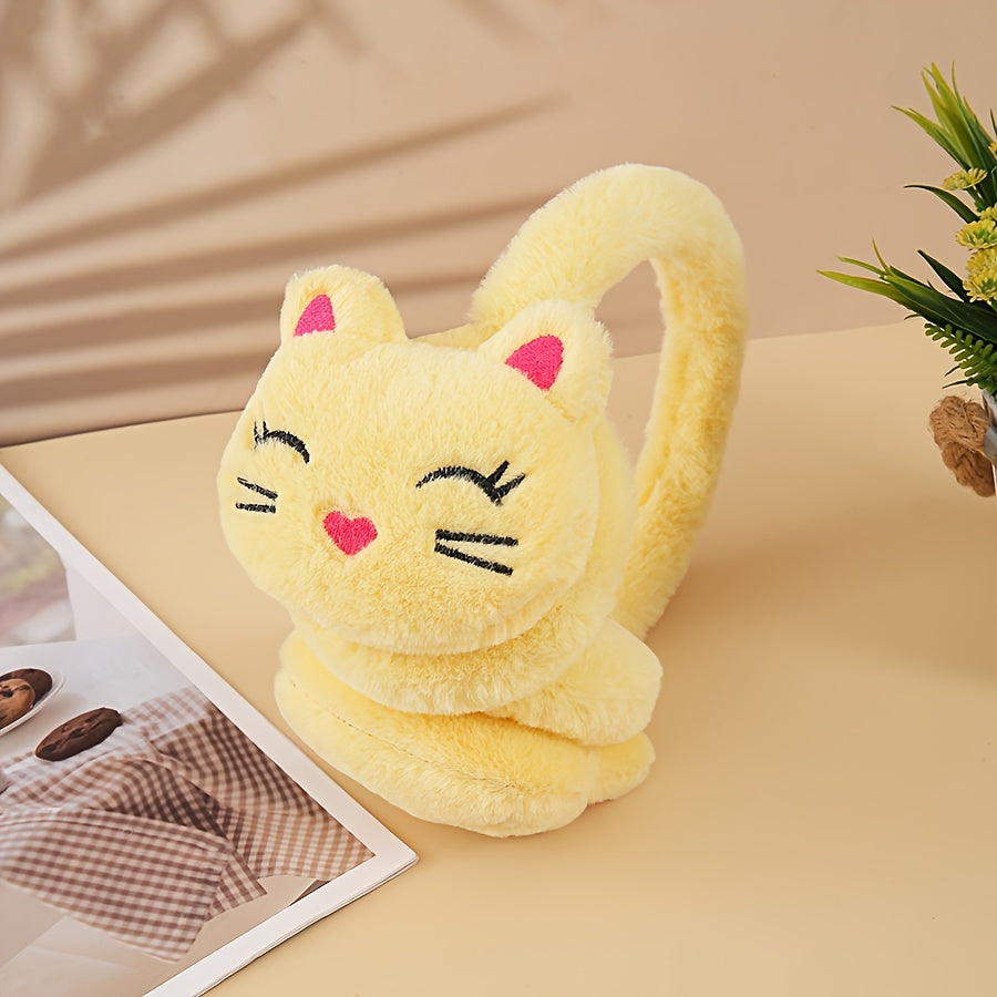 Stay cozy with these adorable cat-themed plush earmuffs for women, girls, and students. Perfect for keeping your ears warm in the cold autumn and winter weather. Featuring a solid color design and soft furry material.