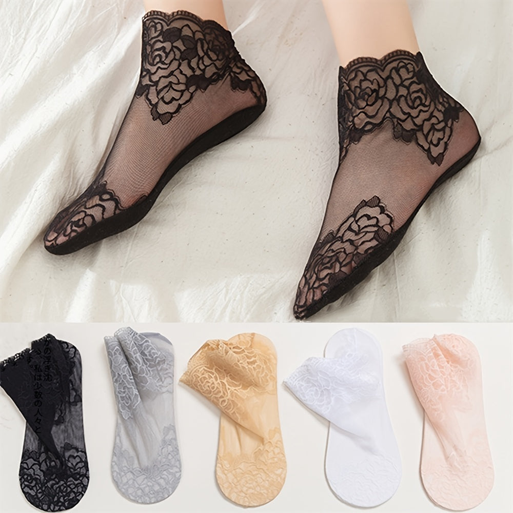 5 pairs of women's invisible boat socks featuring geometric-pattern lace floral trim, made of 95% polyester and 5% spandex knit fabric. Hand washable with contrast lace ankle socks.