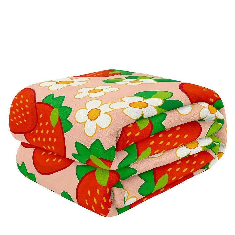 One piece of a cozy, all-season microfiber throw blanket in a rustic style, featuring a charming strawberry and flower pattern. This woven fruit-themed gift blanket is perfect for women.