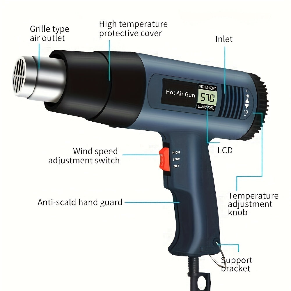 2000W Handheld Hot Air Gun for Bending, Forming, Plastic Drying & Thawing, European Standard, Black Color.