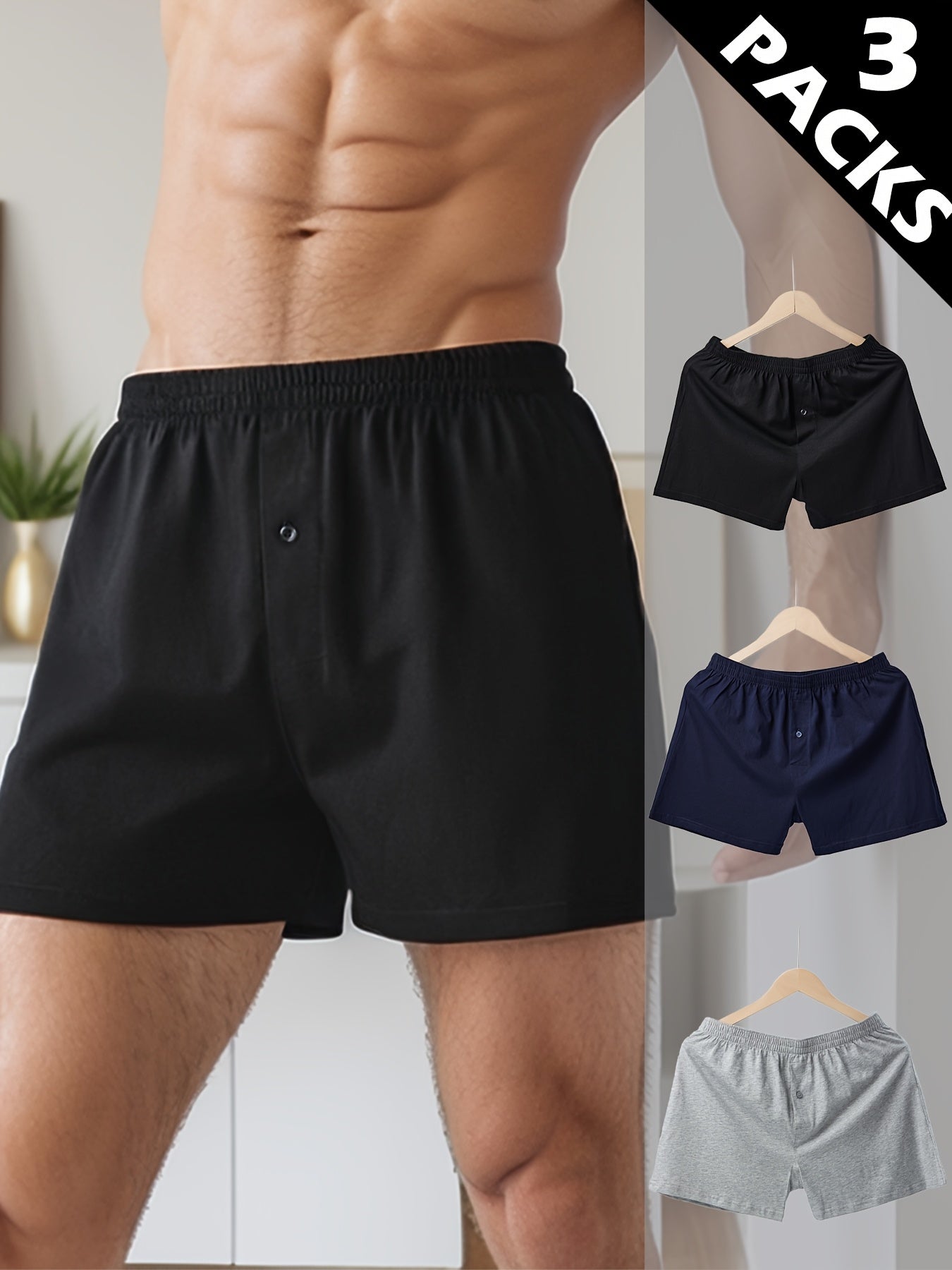 3-Pack men's solid color boxer briefs made of 100% cotton with aloe comfort, breathable soft daily wear underwear, medium stretch knit fabric, regular fit, 155gsm suitable for all seasons.