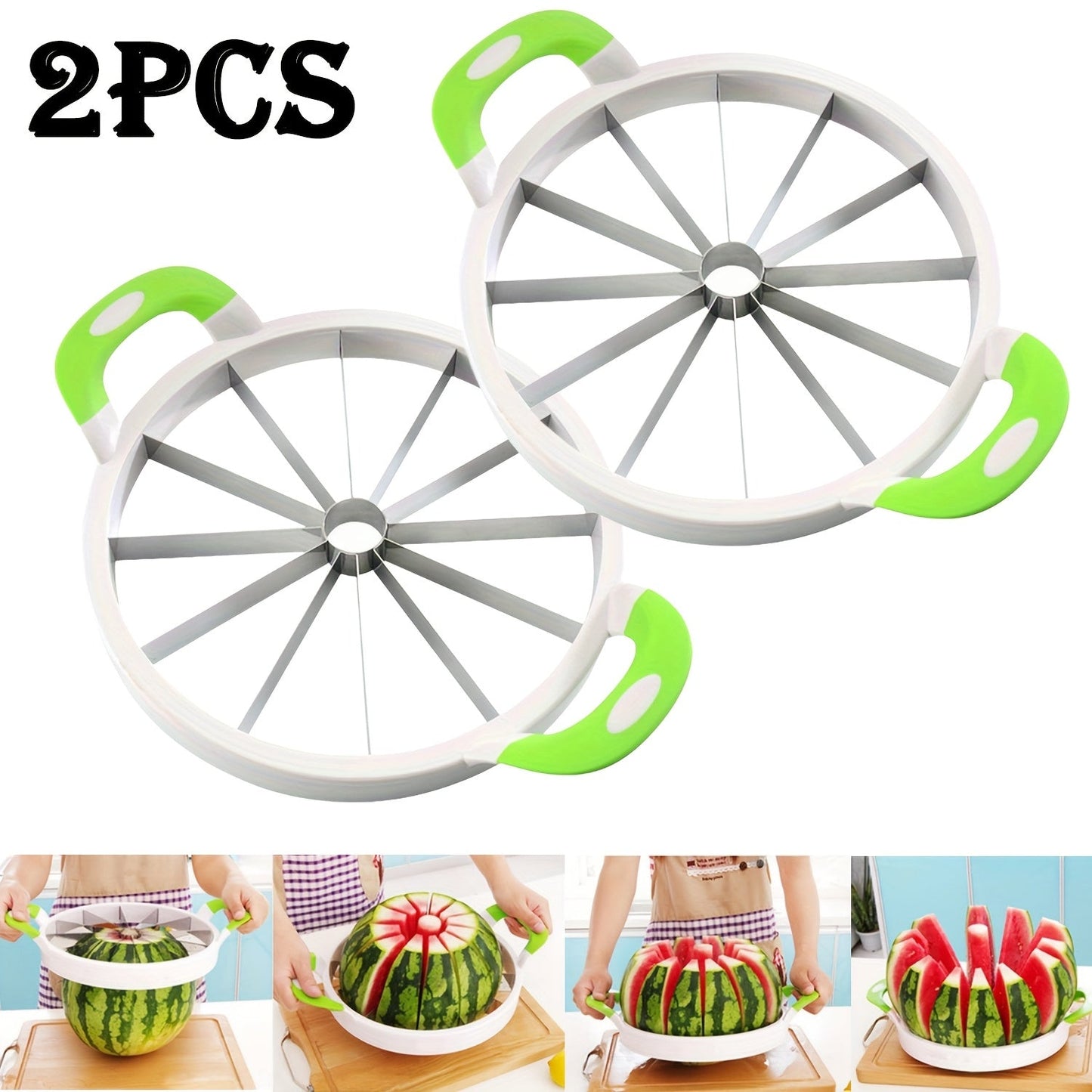 Get your hands on the 2-piece Extra Large Watermelon Cutter and Slicer; a durable stainless steel tool featuring a comfortable silicone handle. This versatile fruit slicer is perfect for cutting watermelon, cantaloupe, pineapple, and honeydew with ease.