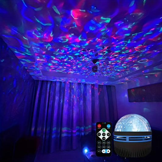 Modern USB-powered water ripple projector lamp with adjustable color changing lighting, ideal for various room types and controlled by a switch. Great for living room and bedroom décor, also makes a perfect holiday or birthday gift. Plastic countertop