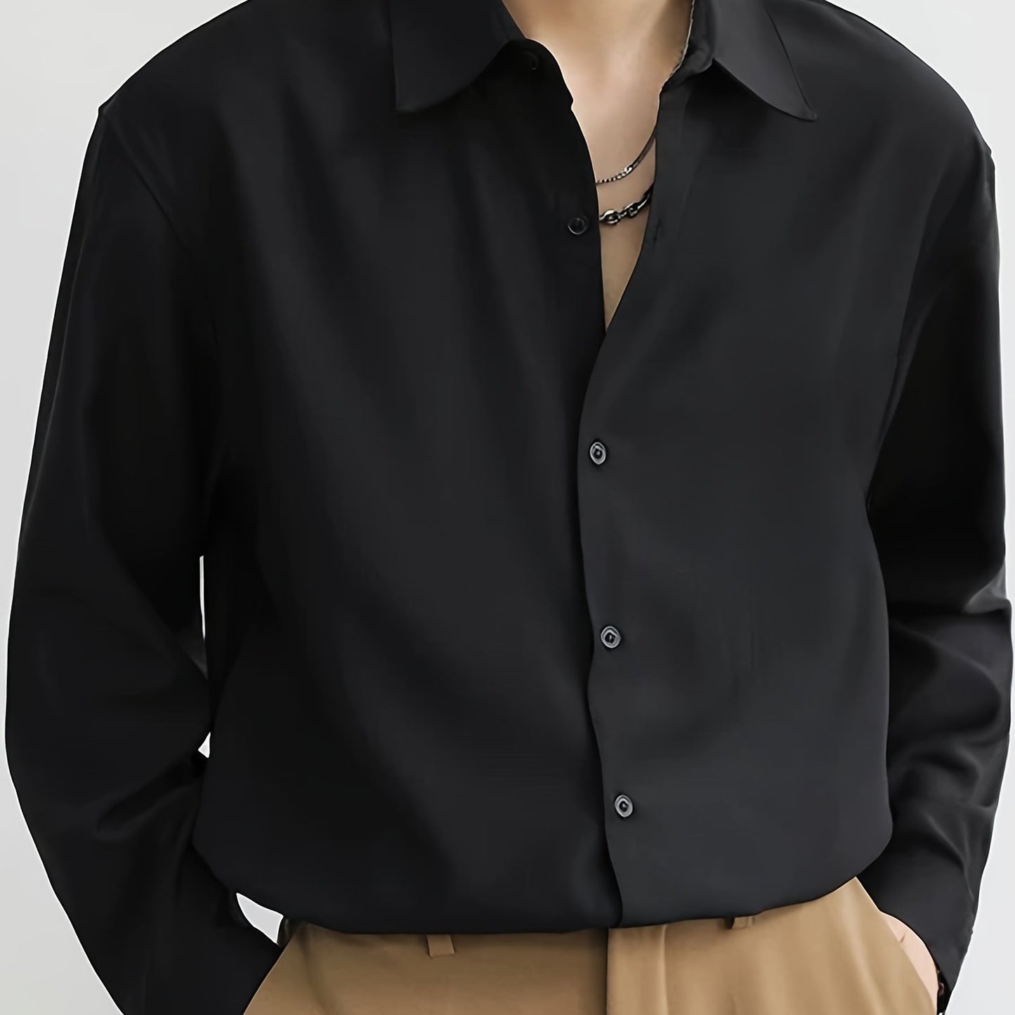 Men's premium casual long sleeve shirt for autumn and spring. Made of polyester, non-stretch, semi-sheer fabric in a solid color. Ideal for spring and fall seasons.