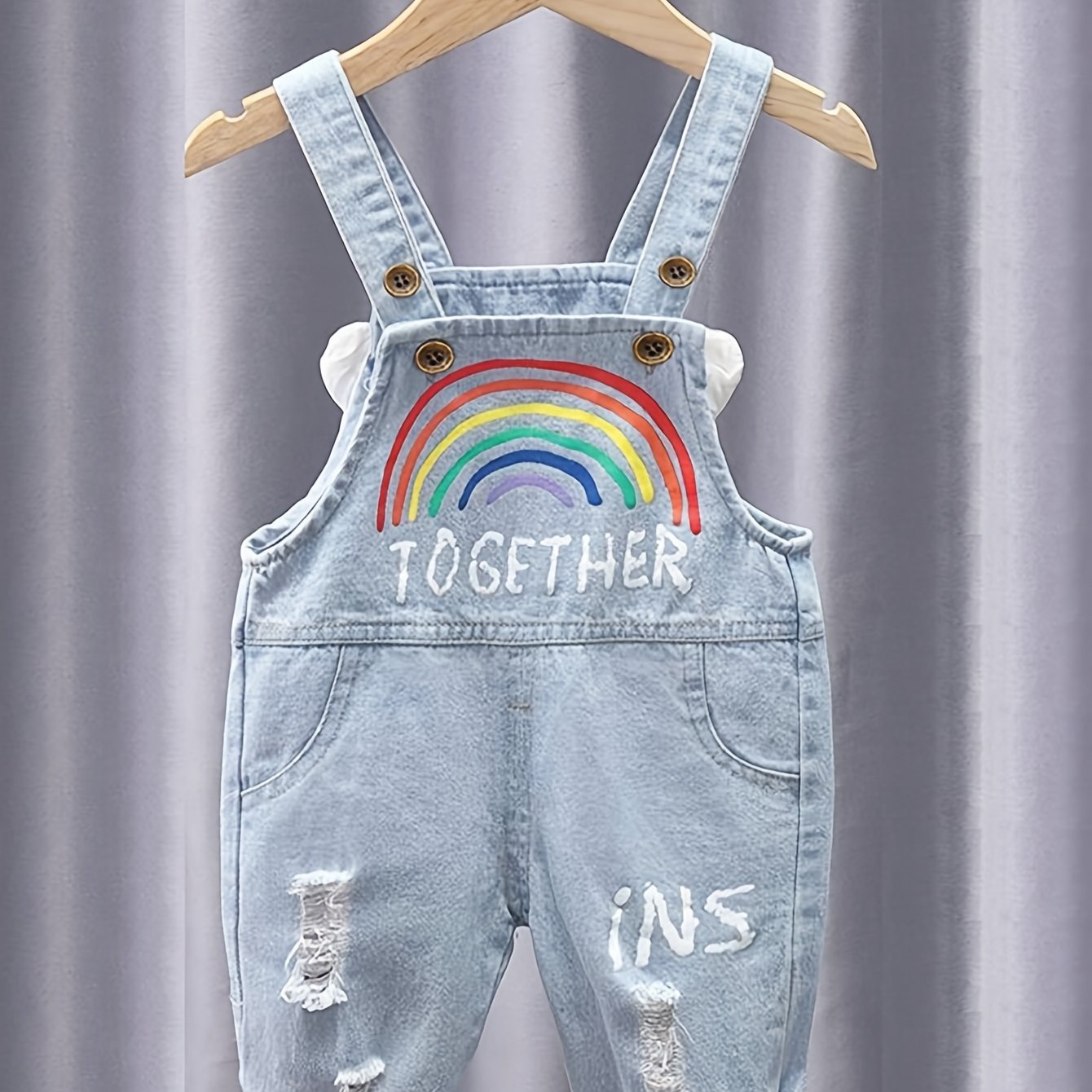 Girls' Rainbow Angel Denim Overalls with "TOGETHER WE ARE INS" Embroidery - Comfy Blend, Ripped Detail, Ideal for Spring/Fall, Denim Girls Outfit