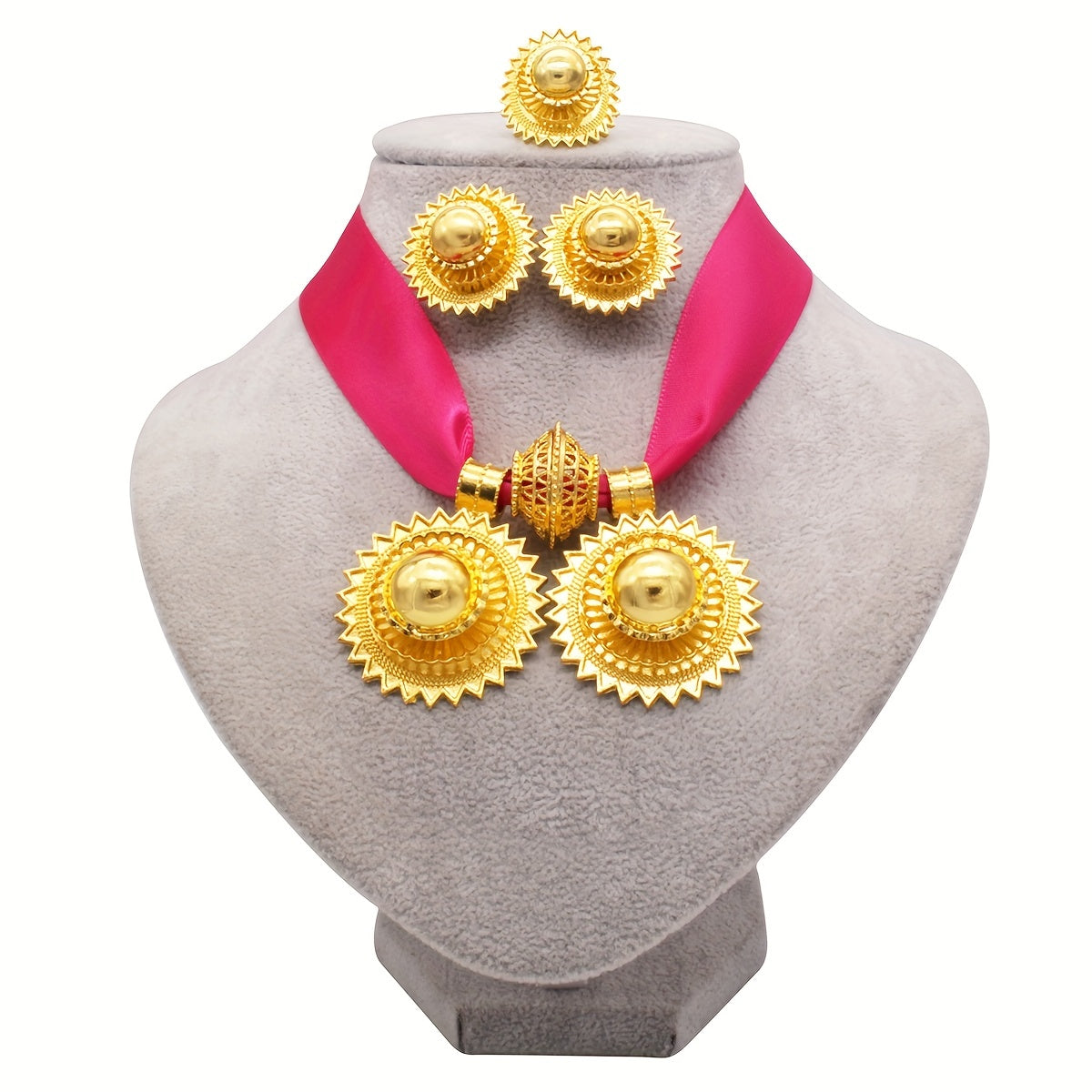 Luxury jewelry set includes four pieces: a necklace, earrings, and a ring plated in multiple colors. Perfect for evening parties and traditional bridal accessorizing. Choose from a variety of colors.