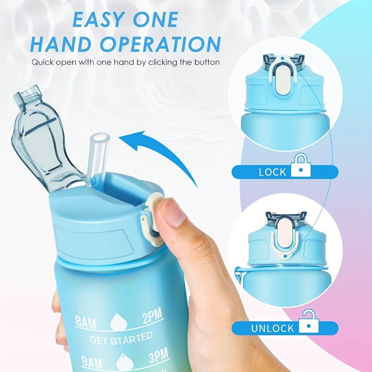 Motivational gradient water bottle with straw, time marker, and carrying strap - BPA-free, leakproof sports cup for fitness activities.