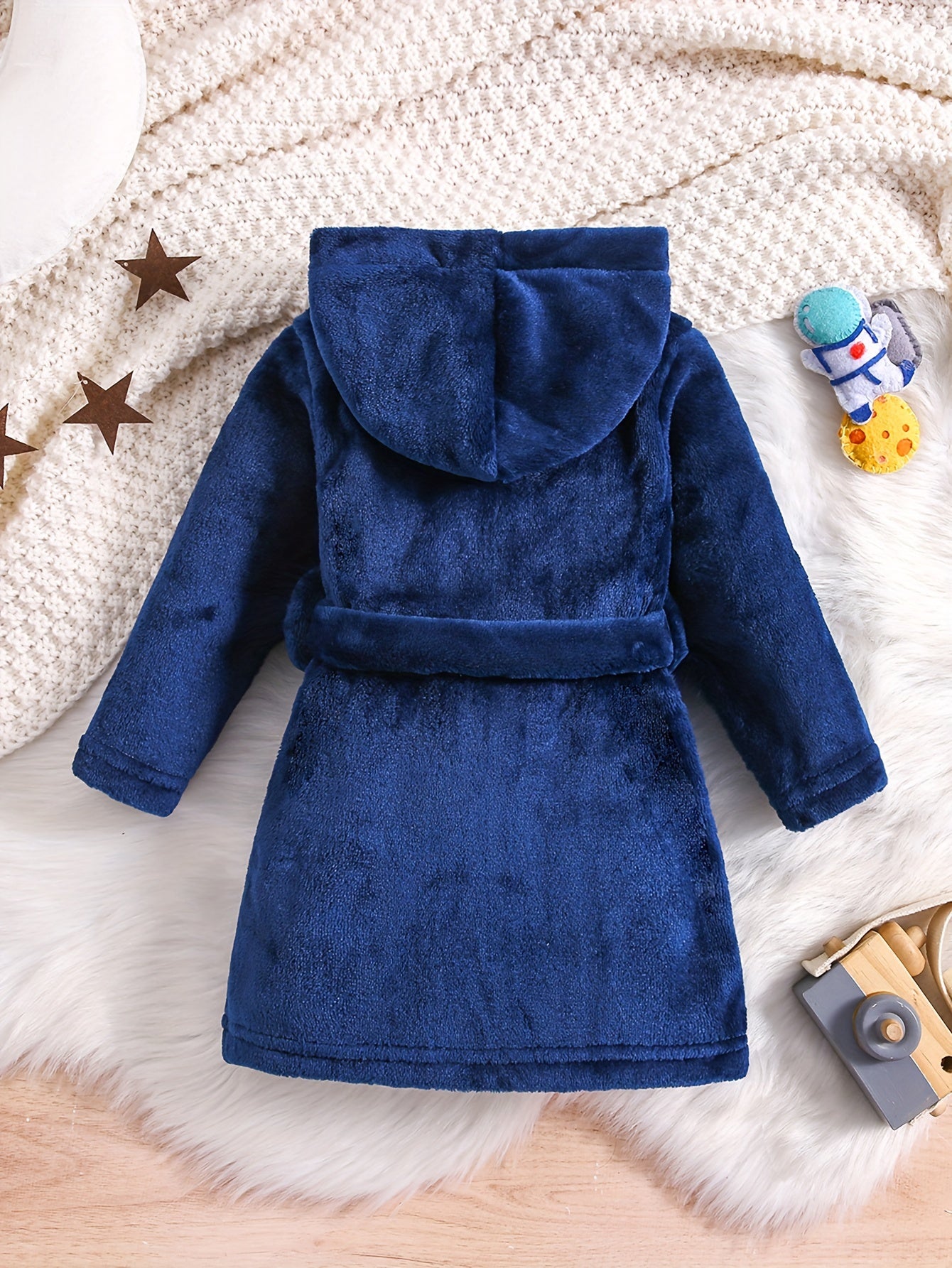 Blue flannel hooded bathrobe with rocket embroidery - cozy, thick, and machine washable for kids