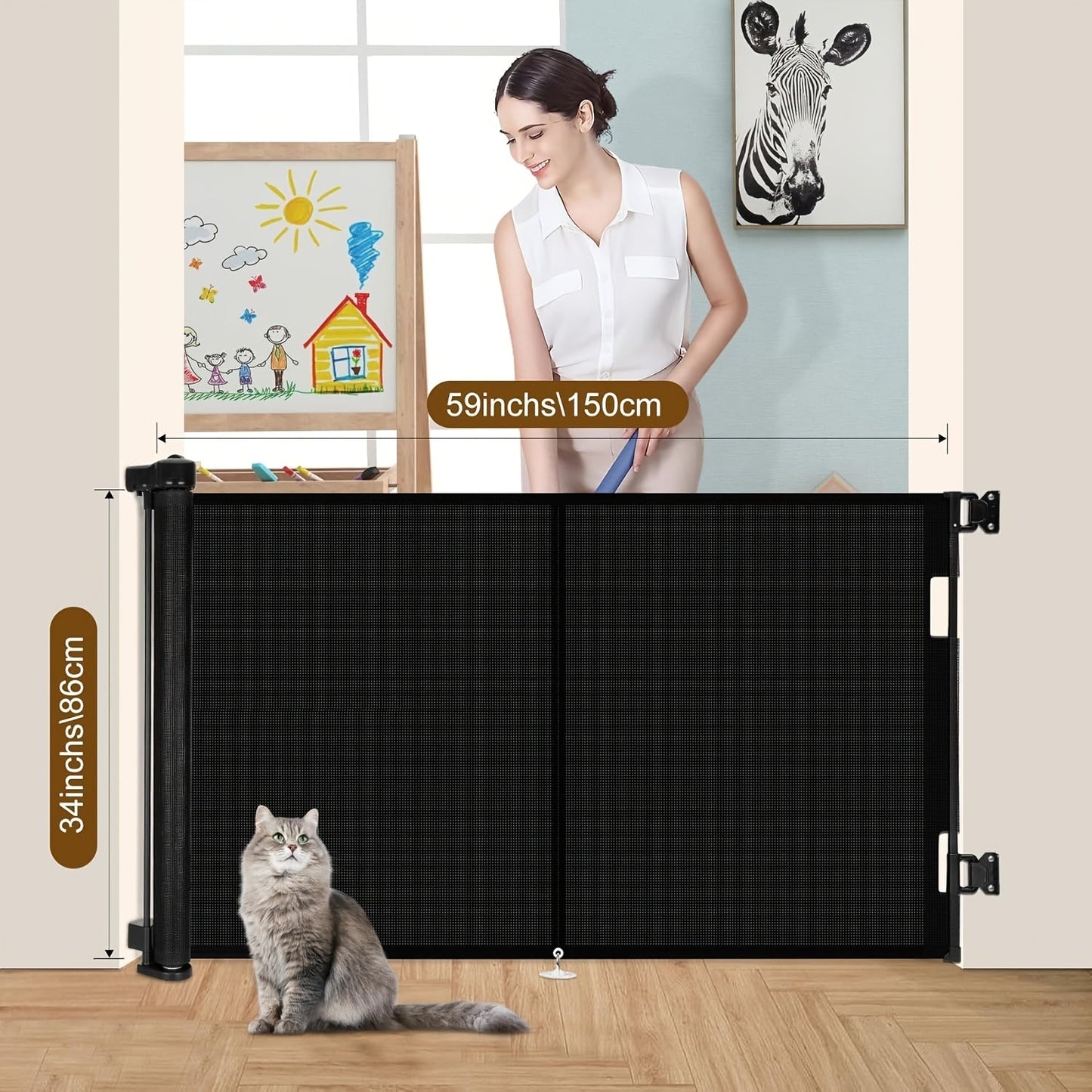 Get the 1pc Extra Wide Retractable Safety Gate for Children and Pets. It stands at 86.36cm tall and can expand up to 149.86cm wide. Made with durable polyester mesh, this gate doesn't require any assembly and can be easily mounted indoors or outdoors.