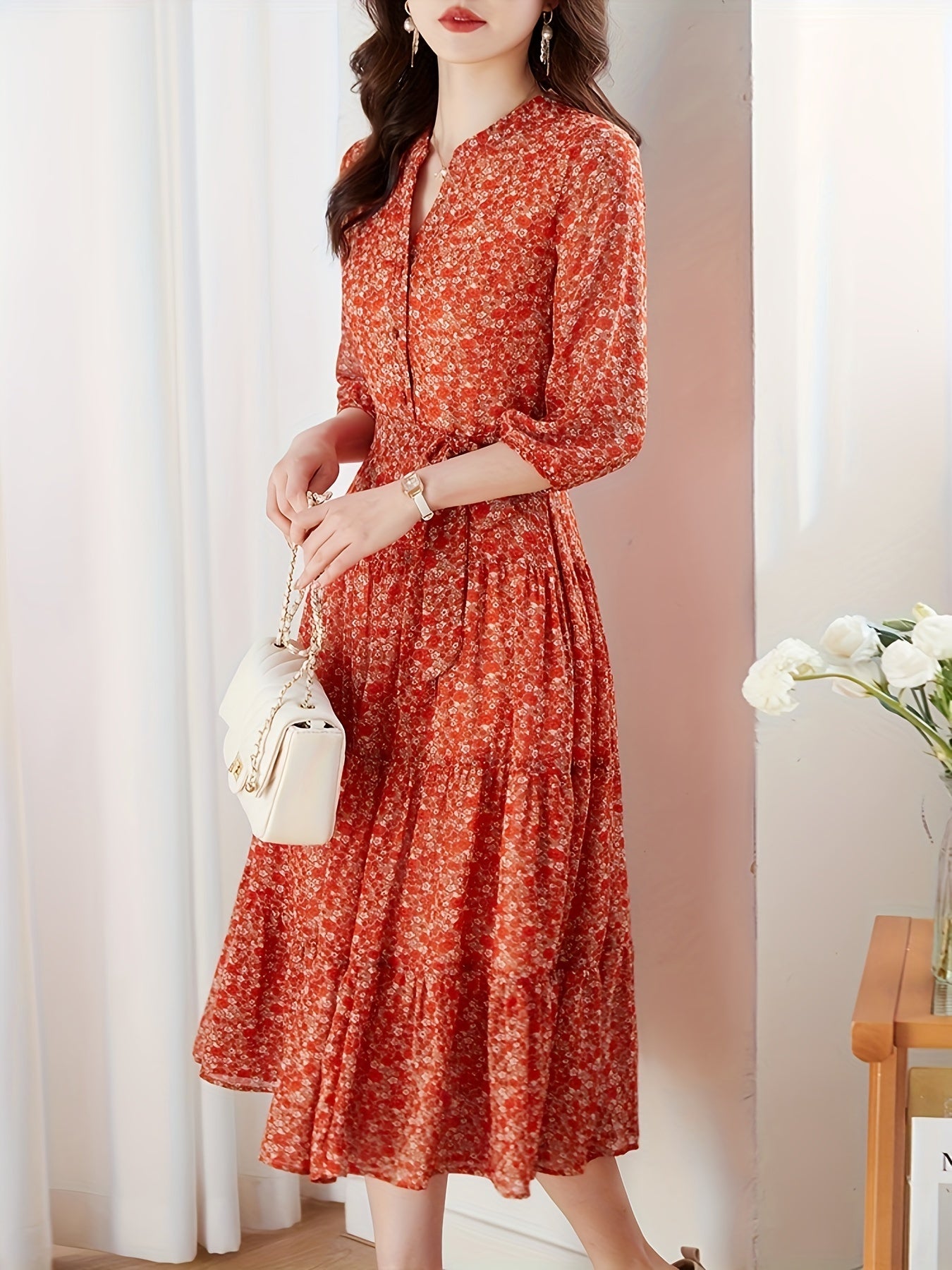 Elegant red floral chiffon maxi dress for women with a flattering slimming effect, complete with a belt.