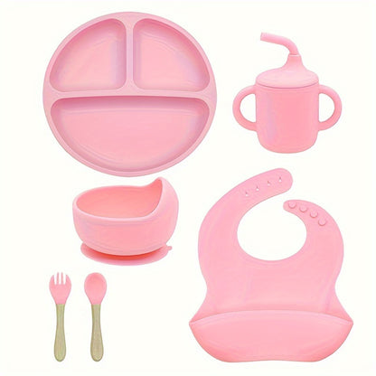 6-piece silicone feeding set with strong suction includes divided plate, wooden spoon and fork, microwave safe - great for self-feeding.