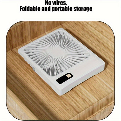 Portable desk fan with battery power, USB charging. 1800mAh tilt folding personal fan, with 180° ultra wide angle. Features 5-speed ultra-quiet operation with power display. Ideal for home, office, and travel use.