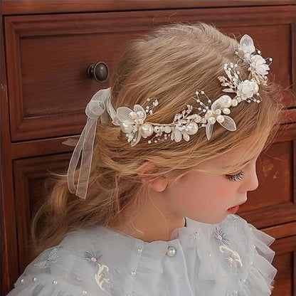 Elegant bridal headband featuring golden leaves, floral wreath, and faux pearls - ideal for weddings & special occasions