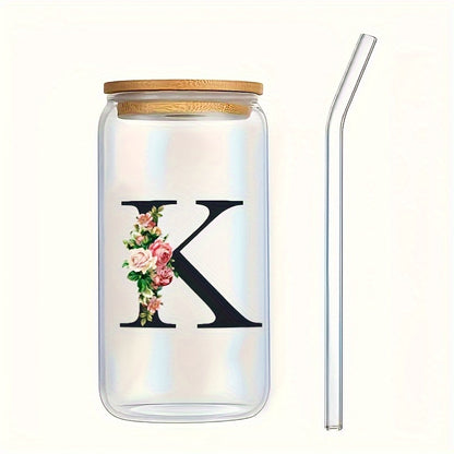 Alphabet flowers drinking glass with bamboo lid and straw, ideal birthday gift for women, friends, girls. 16 oz coffee glass, perfect for moms.