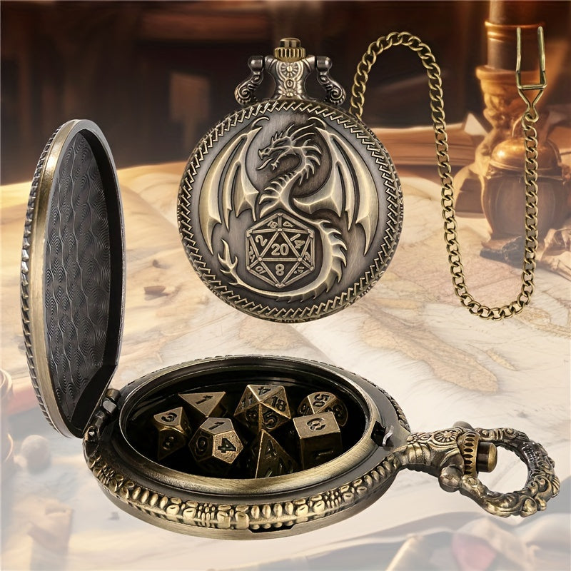 Vintage Dragon Alloy Pocket Watch with Chain and 7-Piece Dice Set - Perfect for Role-Playing Games